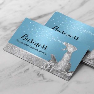 Modern Cleaning Service Blue & Silver Floral Spray Business Card