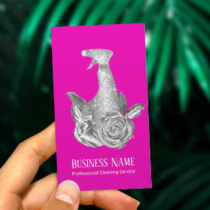 Modern Cleaning Service Hot Pink Spray & Flowers Business Card