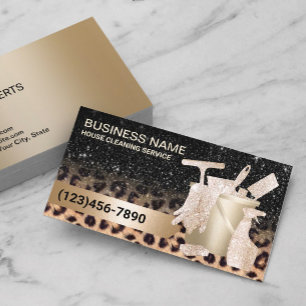 Modern Cleaning Service Leopard & Gold Glitter Business Card