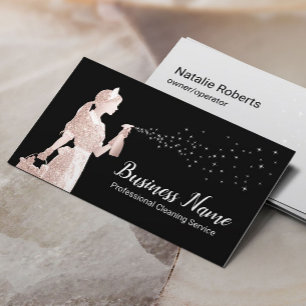 Modern Cleaning Service Rose Gold Maid Black Business Card