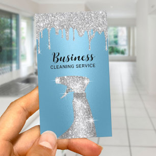 Modern Cleaning Service Silver Drips Maid Blue  Business Card