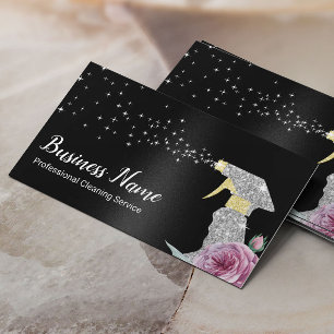 Modern Cleaning Service Silver Spray Black  Business Card