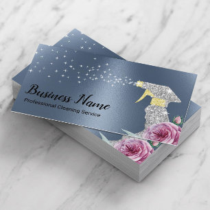 Modern Cleaning Service Silver Spray Dusty Blue Business Card