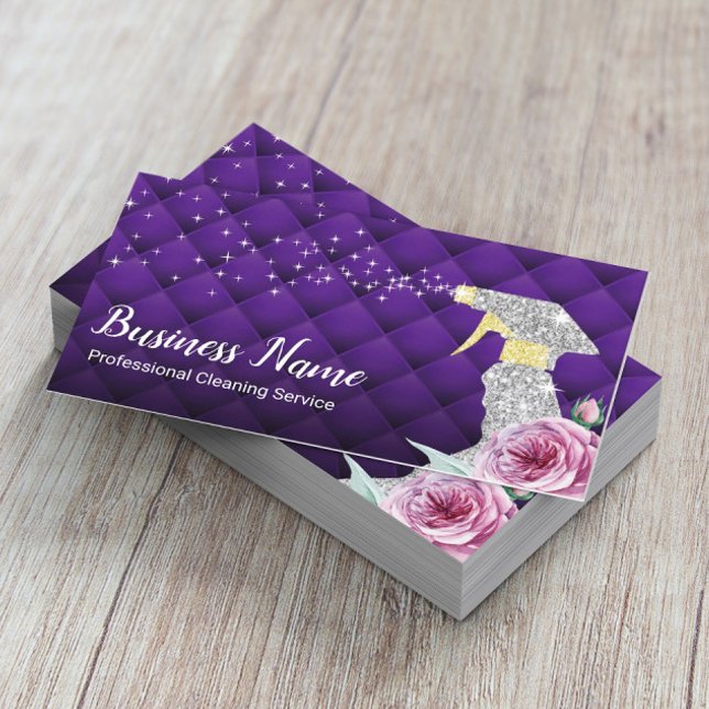 Modern Cleaning Service Silver Spray Luxury Purple Business Card (Creator Uploaded)