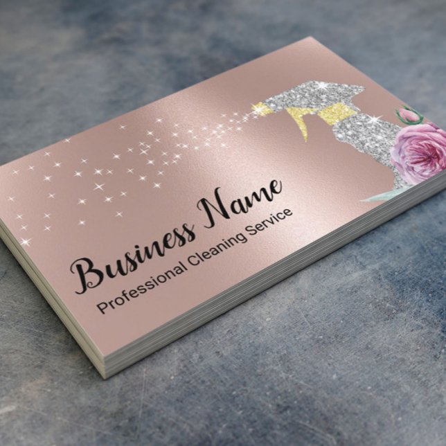 Modern Cleaning Service Silver Spray Rose Gold Business Card (Creator Uploaded)