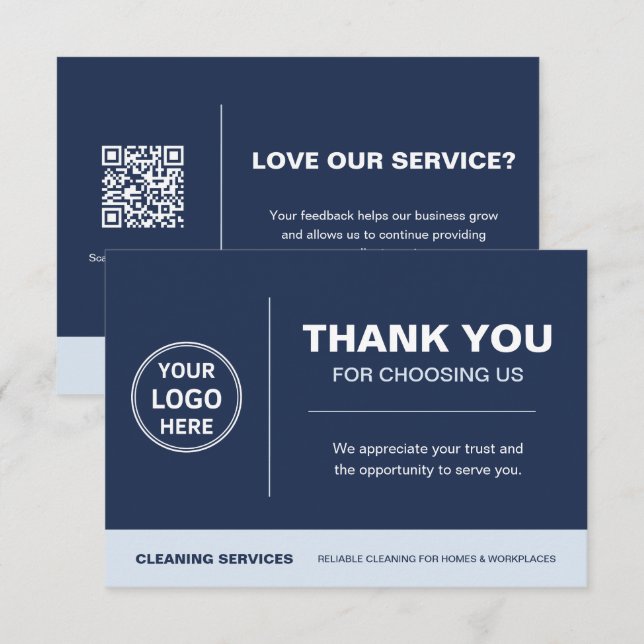 Modern Cleaning Services Logo QR Code Navy Blue Thank You Card (Front/Back)