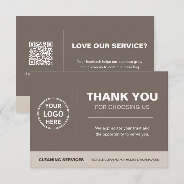 Modern Cleaning Services Logo QR Code Taupe Thank You Card (Front/Back)