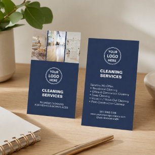 Modern Cleaning Services Photo Logo Navy Blue Business Card
