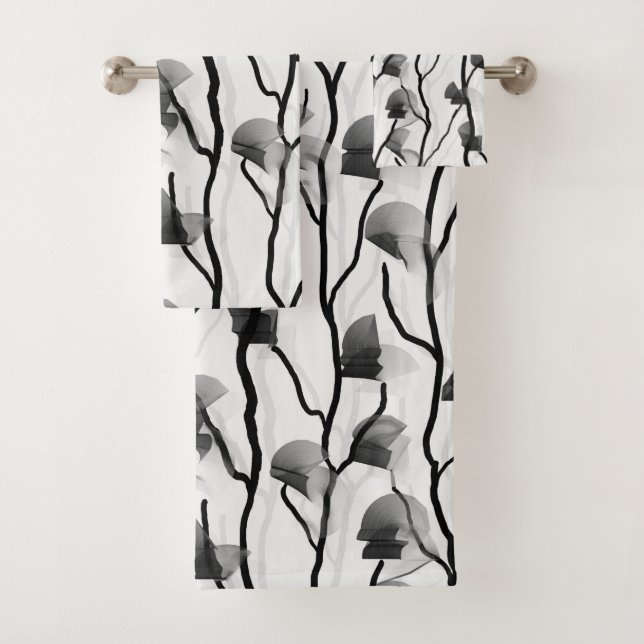 Modern Climbing Vine Black White Grey Painterly Bath Towel Set (Insitu)