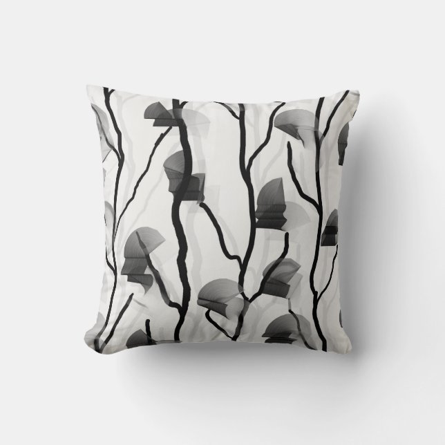 Modern Climbing Vine Black White Grey Painterly Cushion (Front)