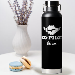 Modern CO-PILOT Typography Aeroplane, Black & Whit Water Bottle