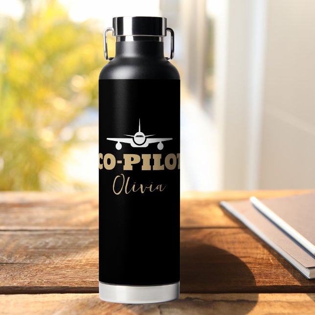 Modern CO-PILOT Typography,Gold Black, Custom Water Bottle (Creator Uploaded)