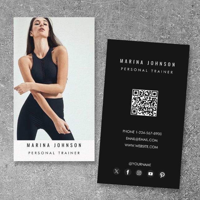 Modern Coach Fitness Trainer Photo QR Code  Business Card (Modern Coach Fitness Trainer Photo QR Code Business Card)
