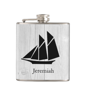 Modern Coastal Black Sailboat & White Wood Planks Hip Flask