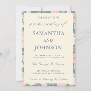 Modern Coastal Blue Ivory Floral Monogram Wedding Invitation