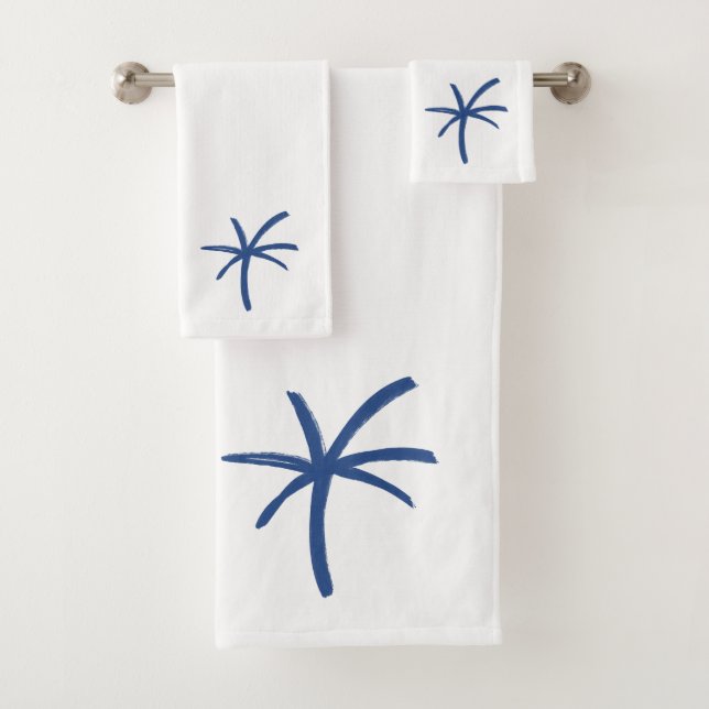 Modern Coastal Blue Painted Palm Tree Towel (Insitu)