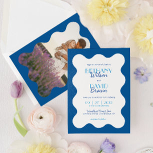 Modern Coastal Blue Wave Scallop Photo Wedding Invitation