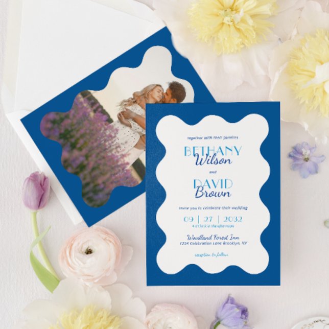 Modern Coastal Blue Wave Scallop Photo Wedding Invitation (Creator Uploaded)