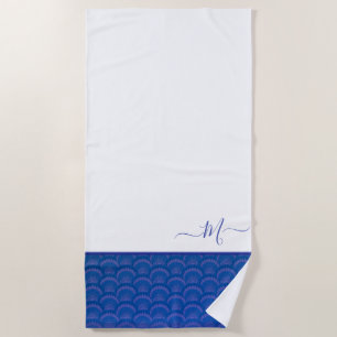 Modern Coastal Blue White Seashell Monogram Beach Towel