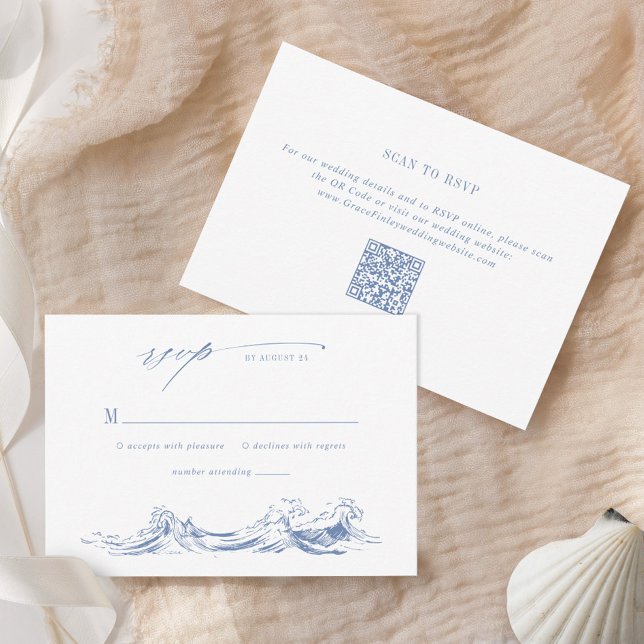 Modern Coastal Chic Blue QR Code Wedding RSVP Card (Creator Uploaded)