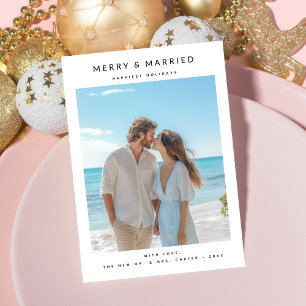 Modern Coastal Merry & Married Newlywed Photo Holiday Card