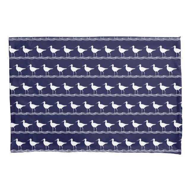 Modern Coastal Nautical Navy Blue Sandpipers Pillowcase (Front)