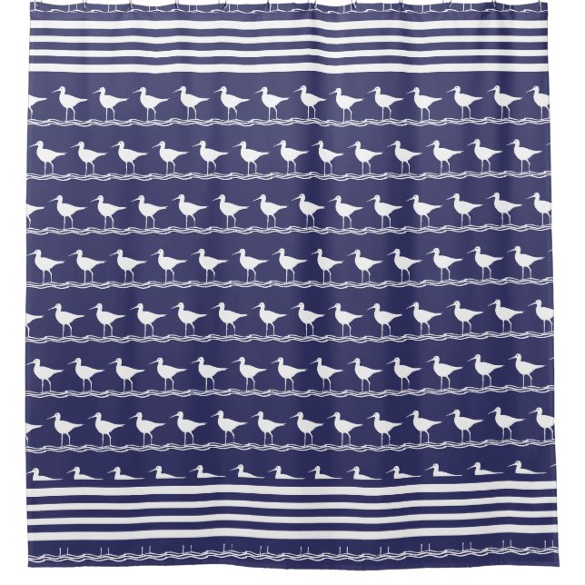 Modern Coastal Nautical Navy Blue Sandpipers Shower Curtain (Front)