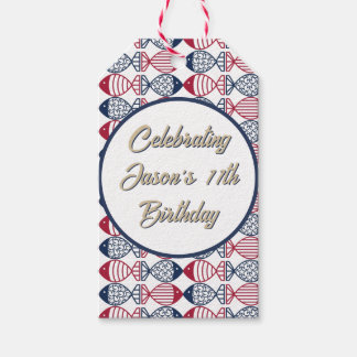 Modern Coastal Red, Blue and White Fish Pattern Gift Tags