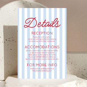 Modern Coastal Red Blue Stripes Wedding Details Enclosure Card