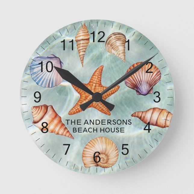 Modern Coastal Sea Shells Treasure Ocean Custom    Round Clock (Front)