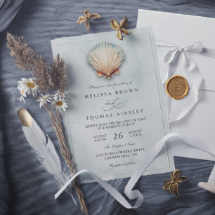 Modern Coastal Seashell Aqua QR Code Wedding Invitation