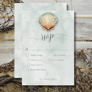 Modern Coastal Seashell Aqua Wedding Dinner RSVP Card