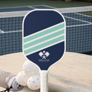 Modern Coastal Summer Navy Mint White Stripes Pickleball Paddle