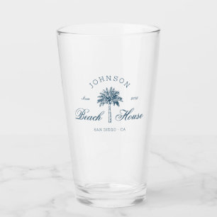 Modern Coastal Vintage Beach House Palm Tree Blue Glass