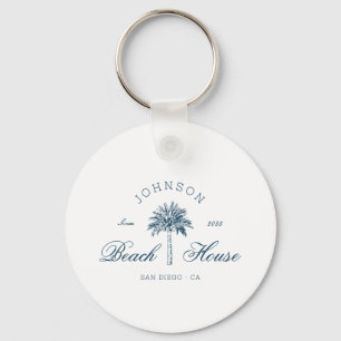 Modern Coastal Vintage Beach House Palm Tree Blue  Key Ring