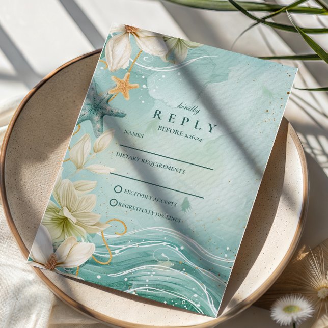 Modern Coastal Wave Floral Wedding RSVP Card (Creator Uploaded)
