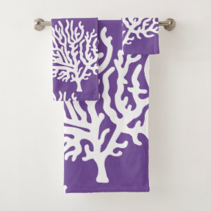 Modern Coastal White Sea Corals & Purple Bath Towel Set