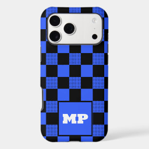 Modern Cobalt Blue & Black Checkerboard Monogram