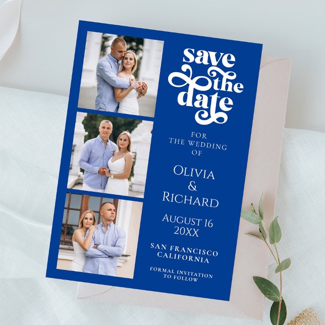Modern Cobalt Blue Photo Collage Wedding Save The Date (Creator Uploaded)