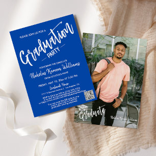 Modern Cobalt Blue QR Code Photo Graduation Party Invitation