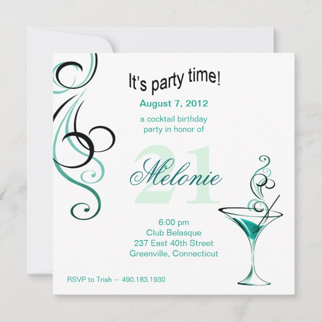 Modern Cocktail Birthday Party (aqua) Invitation (Front)