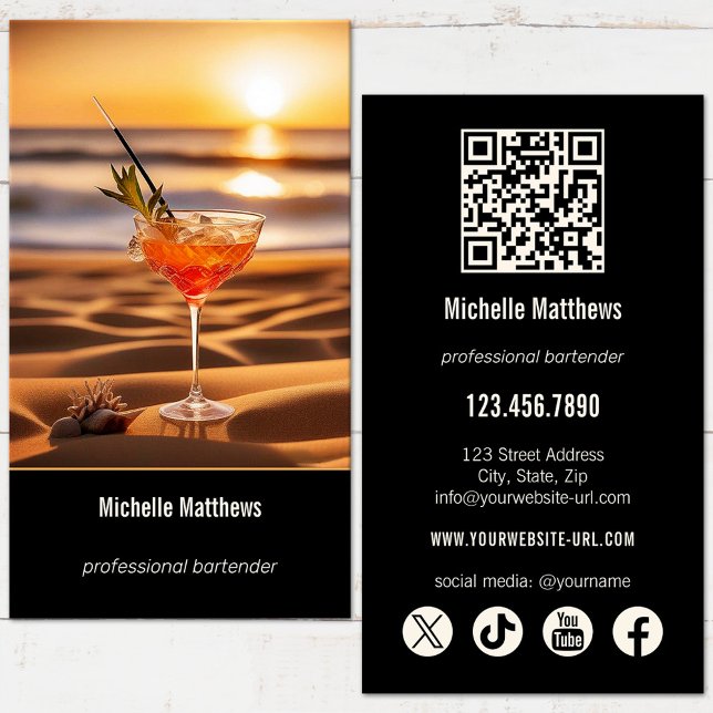 Modern Cocktail Photo Professional Bartender Business Card (Professional bartender business card with image of a cocktail on the beach or your photo - QR code)
