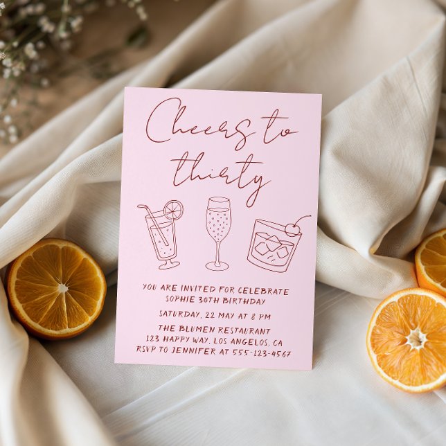 Modern Cocktail Pink Cheers to Thirty Birthday  Invitation (Creator Uploaded)