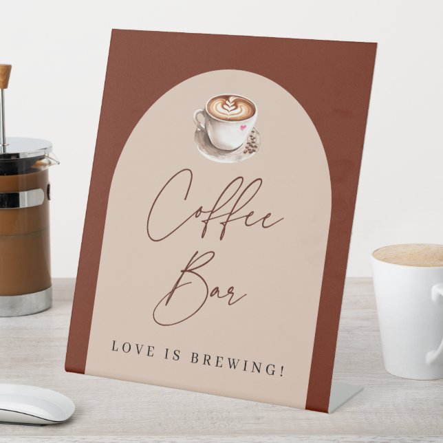 Modern Coffee Bar Love is Brewing Bridal Shower Pedestal Sign (In SItu)