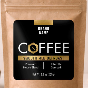 Modern Coffee Beans Pouch Jar Black & Gold Square Sticker