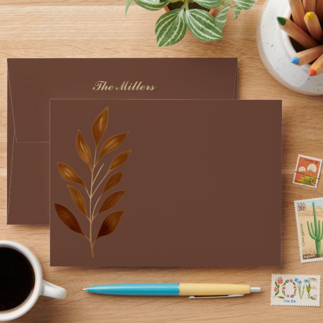 Modern Coffee Brown and Gold Leaf Wedding Envelope (Desk)