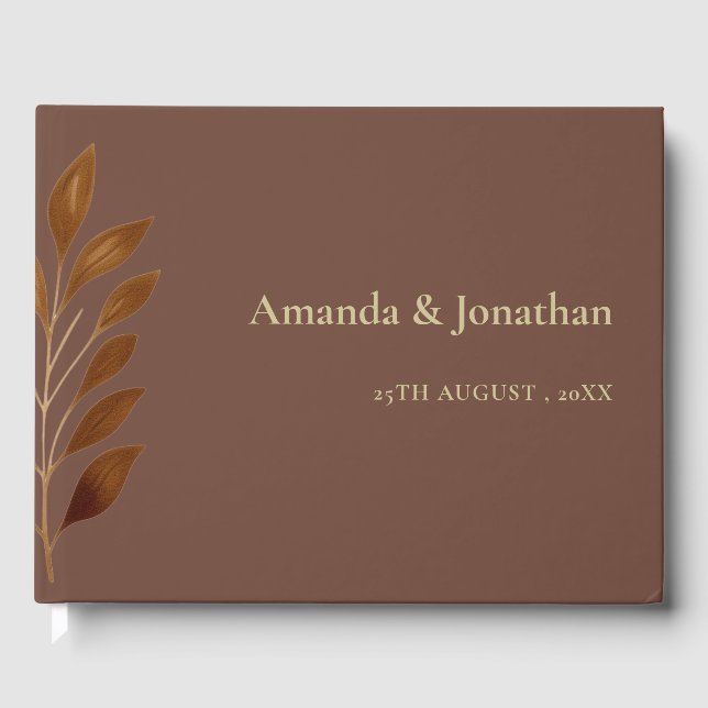 Modern Coffee Brown and Gold Leaf Wedding  Guest Book (Front)
