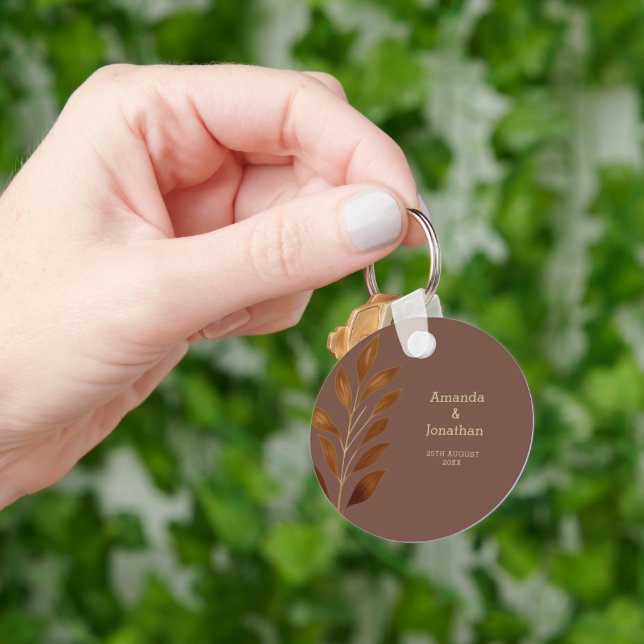 Modern Coffee Brown and Gold Leaf Wedding  Key Ring (Hand)