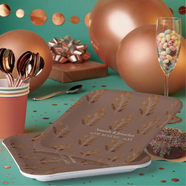 Modern Coffee Brown and Gold Leaf Wedding Paper  Plate (Multi)