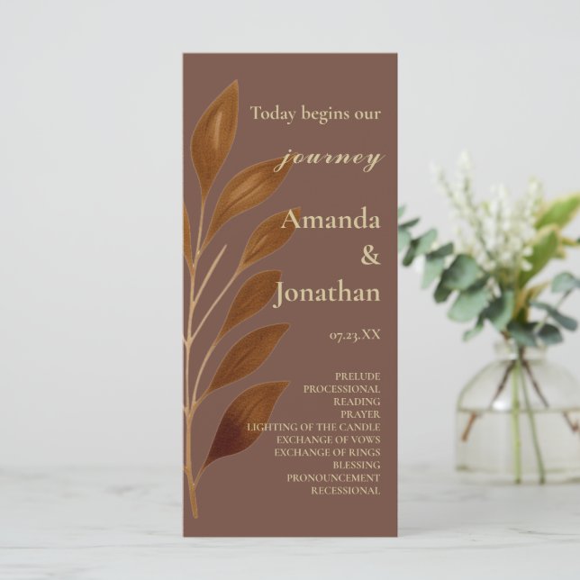 Modern Coffee Brown and Gold Leaf Wedding Program Programme (Standing Front)